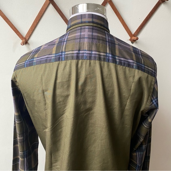 Givenchy Paris Plaid Sleeve Designer Button Up Olive Green Shirt Medium - Picture 6 of 16